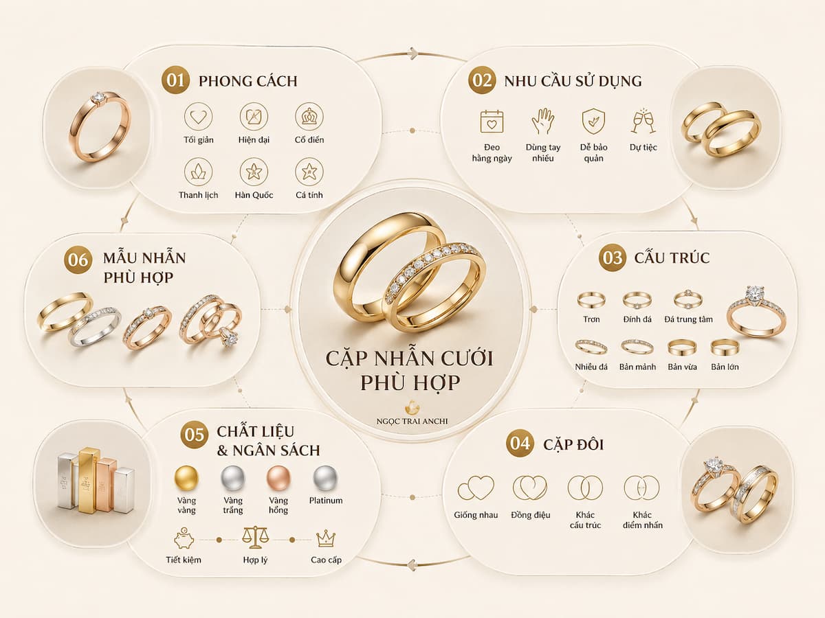 Decision framework chọn nhẫn cưới theo phong cách nhu cầu sử dụng và cấu trúc thiết kế