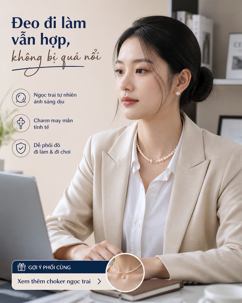 Vòng cổ ngọc trai VCNT189 đeo khi đi làm công sở thanh lịch không quá nổi