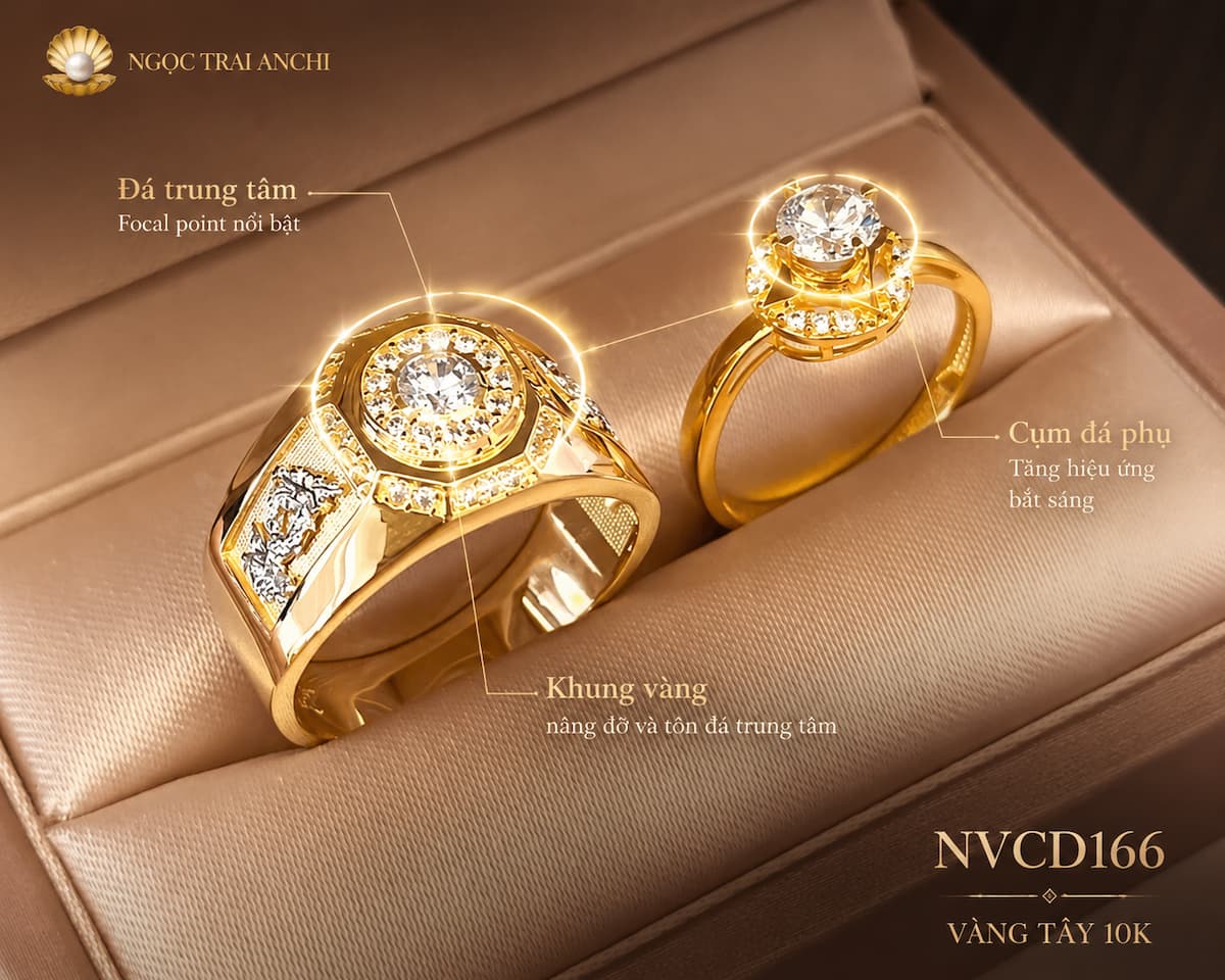 Feature NVCD166: đá trung tâm làm focal point trên cặp nhẫn cưới vàng tây 10K
