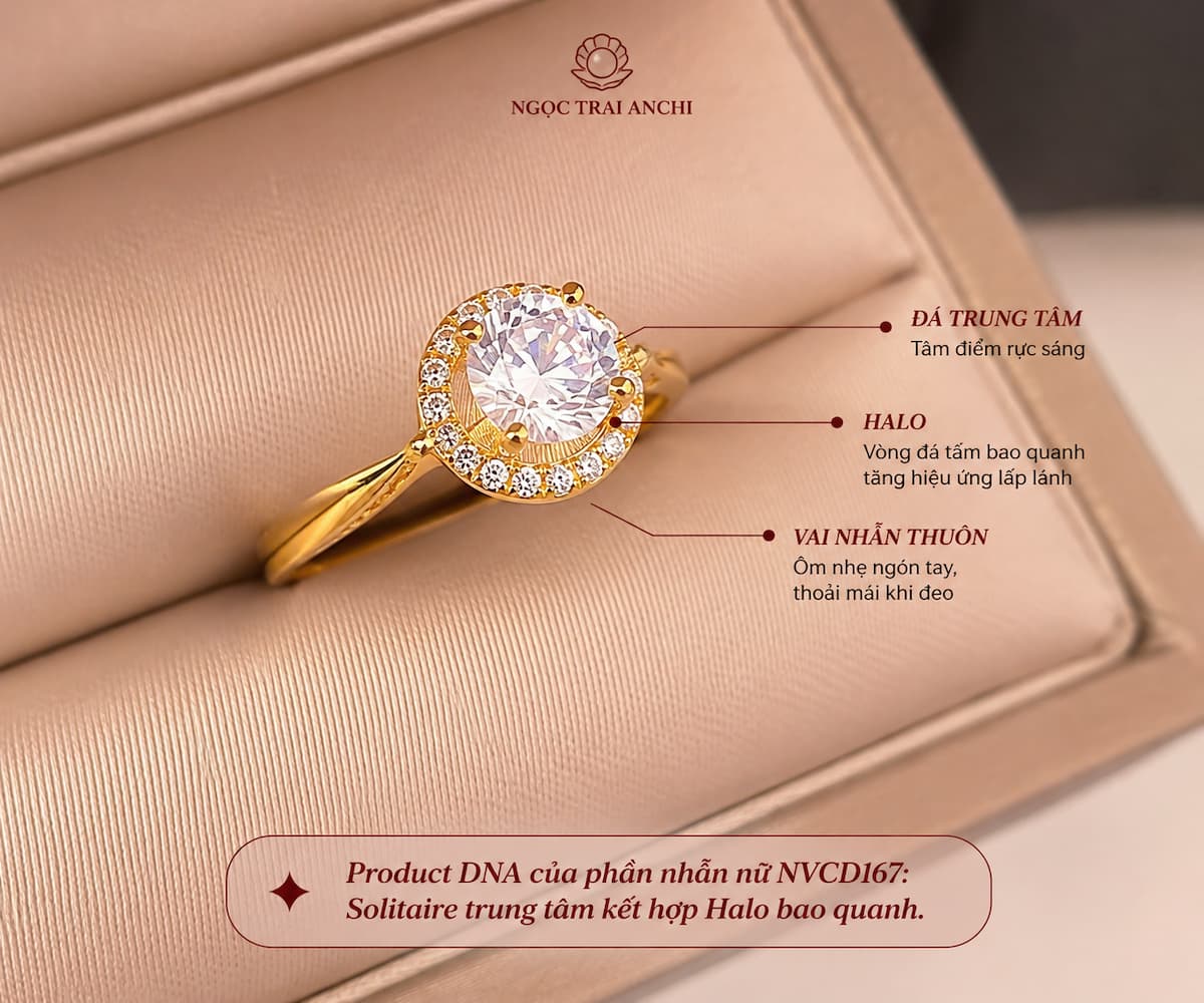 Feature NVCD167 nhẫn nữ Solitaire Halo với đá trung tâm và vòng đá nhỏ bao quanh