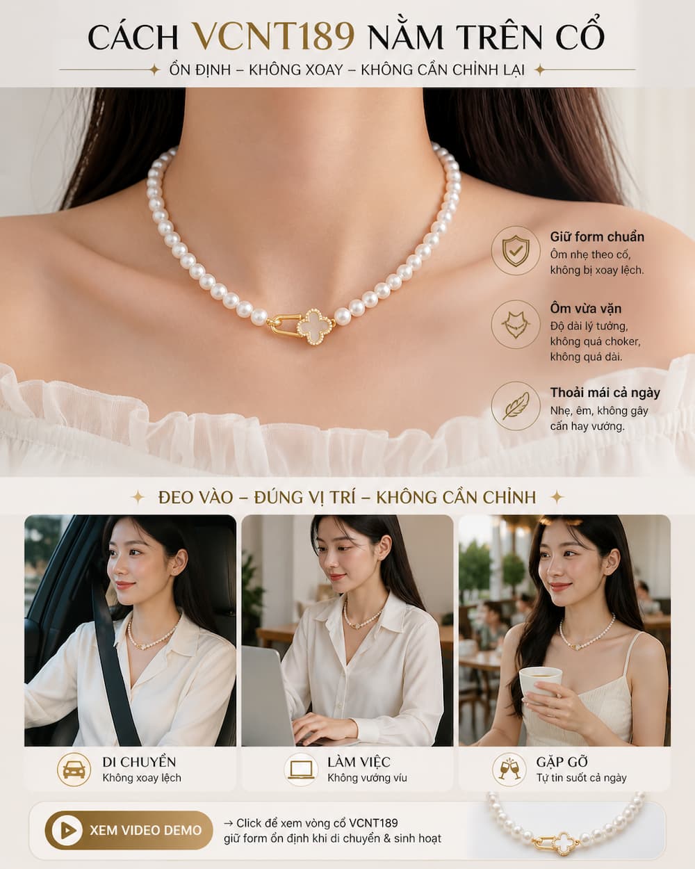 Vòng cổ VCNT189 nằm ổn định trên cổ không cần chỉnh lại khi di chuyển