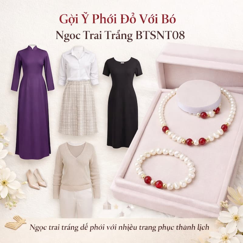Gợi ý phối trang phục với bộ trang sức ngọc trai trắng BTSNT08