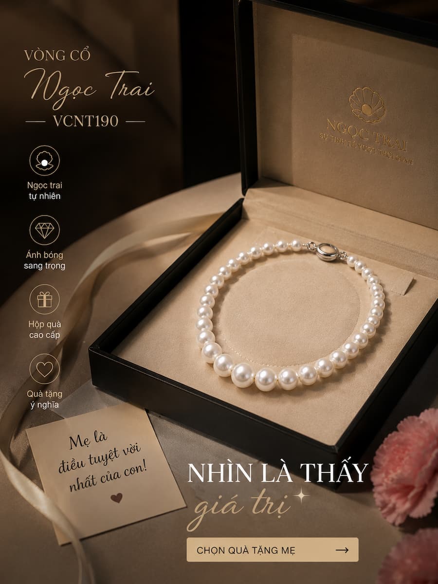 Vòng cổ ngọc trai VCNT190 trong hộp quà cao cấp phù hợp tặng mẹ