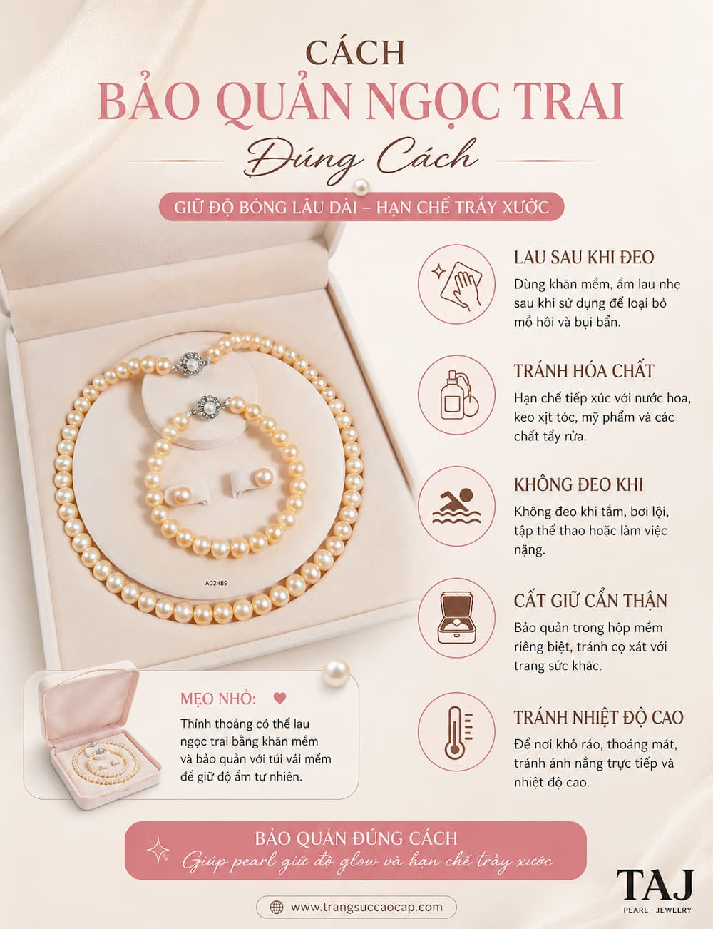 Hướng dẫn bảo quản Bộ Trang Sức Ngọc Trai Màu Hồng BTSNT257 đúng cách để giữ độ bóng lâu dài