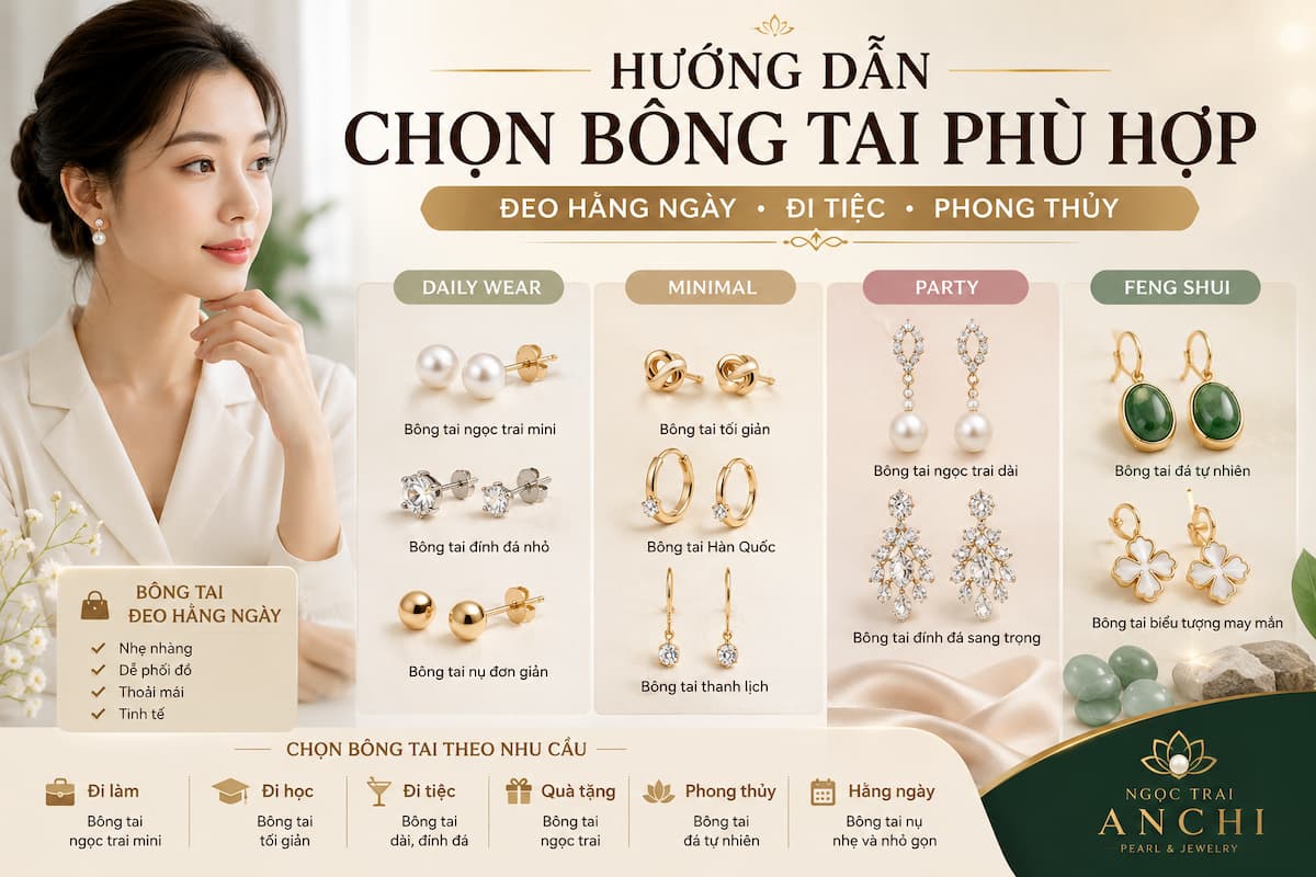 Hướng dẫn chọn bông tai phù hợp cho đeo hằng ngày đi tiệc và phong thủy