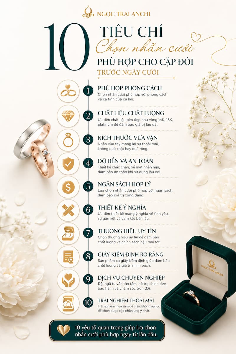 Infographic 10 tiêu chí chọn nhẫn cưới phù hợp cho cặp đôi trước ngày cưới