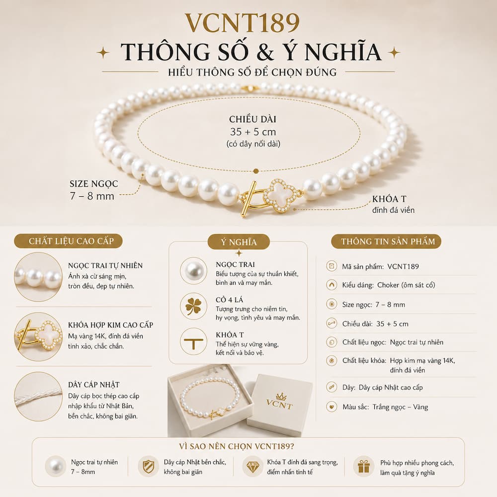 Infographic thông số vòng cổ choker ngọc trai VCNT189 size 7–8mm dây cáp Nhật