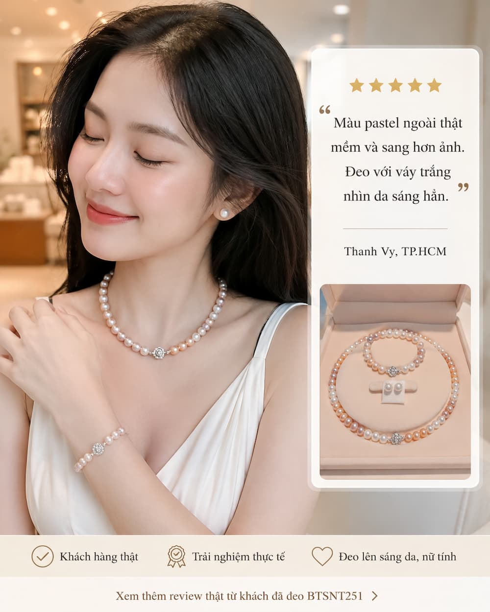 Khách hàng Thanh Vy đeo bộ trang sức ngọc trai BTSNT251 phối pastel trắng hồng tím với váy trắng nữ tính giúp da sáng hơn