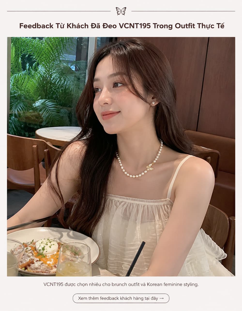 Khách đeo thực tế vòng cổ ngọc trai VCNT195 phong cách brunch styling