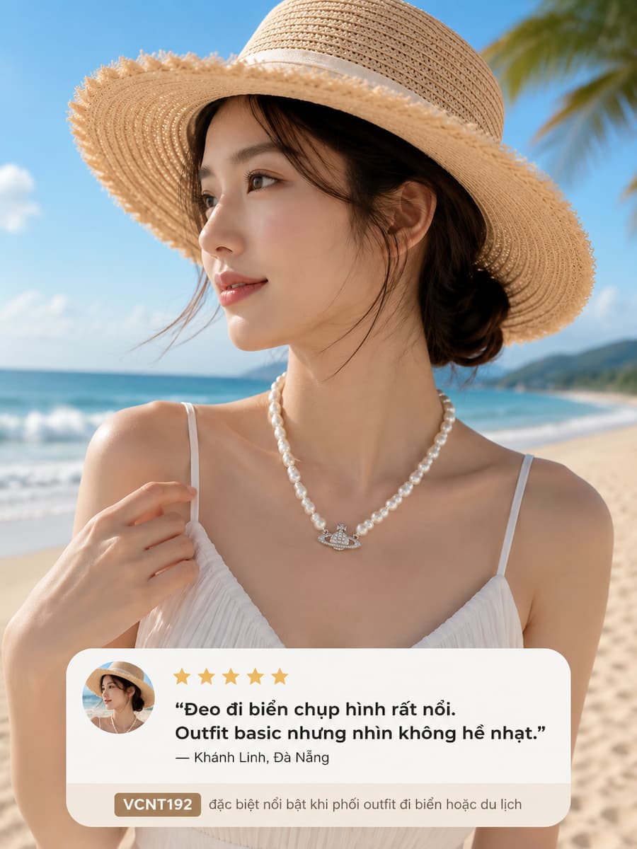 Khách hàng đeo vòng cổ ngọc trai VCNT192 khi đi biển với outfit mùa hè
