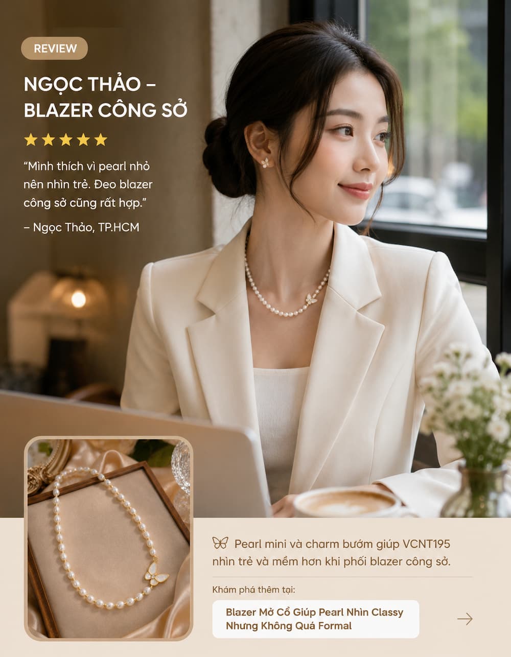 Khách hàng phối vòng cổ ngọc trai VCNT195 với blazer công sở phong cách classy nữ tính