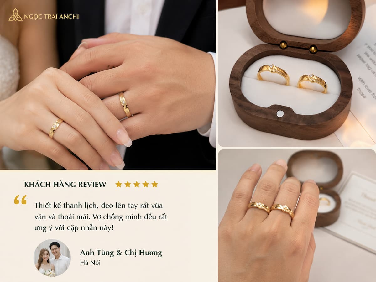 Khách hàng đánh giá cặp nhẫn cưới vàng tây 10K NVCD161 thiết kế đẹp và đeo thoải mái