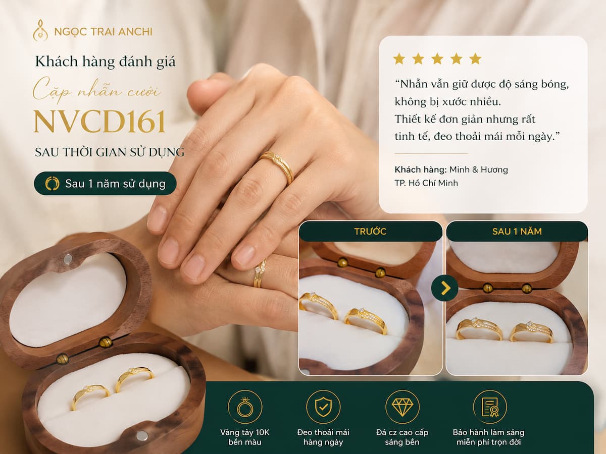 Khách hàng đánh giá cặp nhẫn cưới vàng tây 10K NVCD161 sau thời gian sử dụng