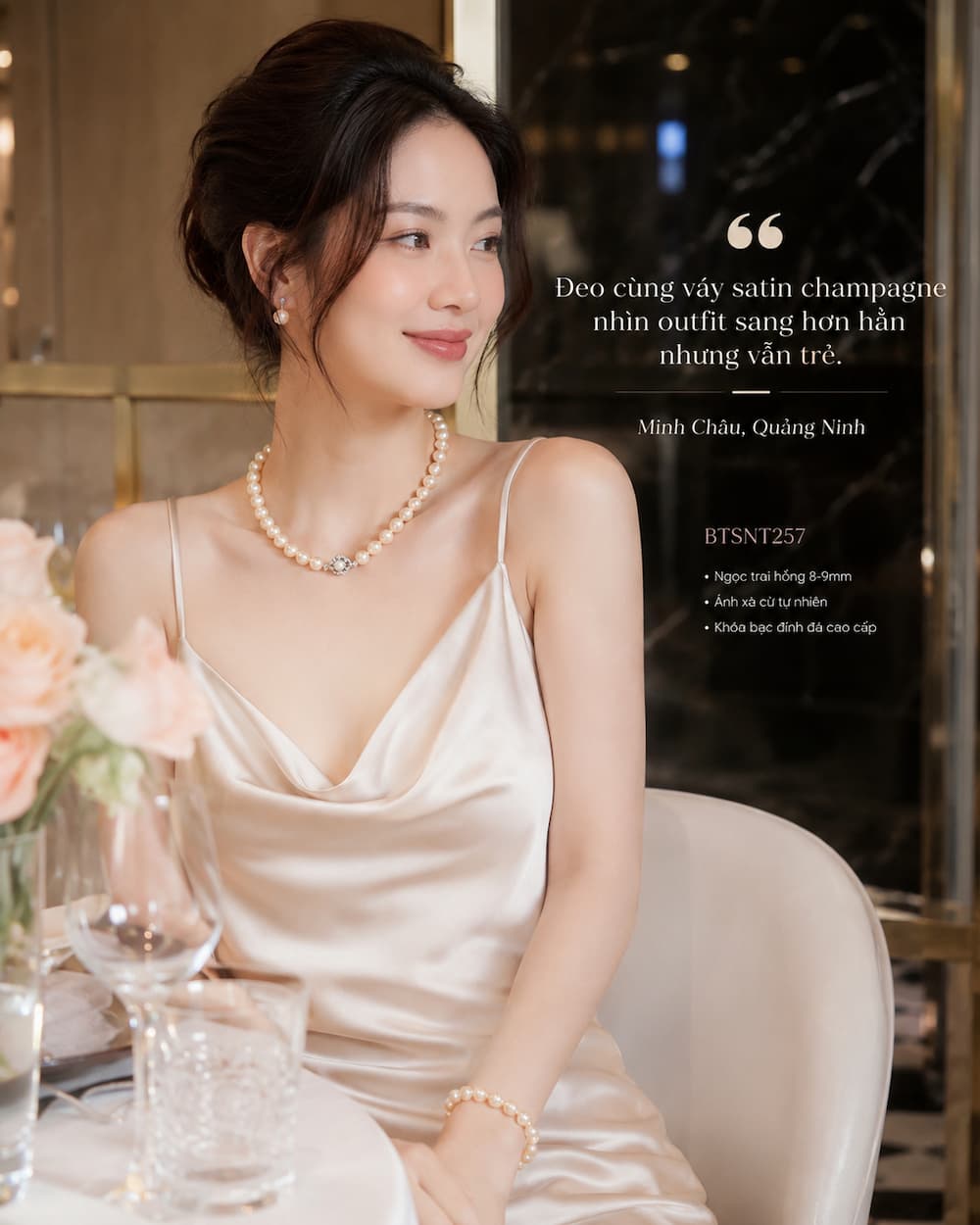 Khách hàng phối Bộ Trang Sức Ngọc Trai Màu Hồng BTSNT257 cùng váy satin champagne tạo cảm giác sang trọng nhưng vẫn trẻ trung
