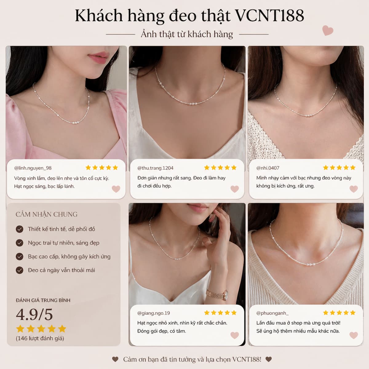 Khách hàng đeo thực tế vòng cổ VCNT188 và đánh giá sau khi sử dụng