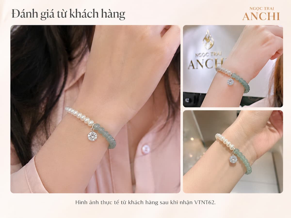 Khách hàng đeo Vòng Tay Ngọc Trai Phối Đá Lam Ngọc VTNT62 thực tế