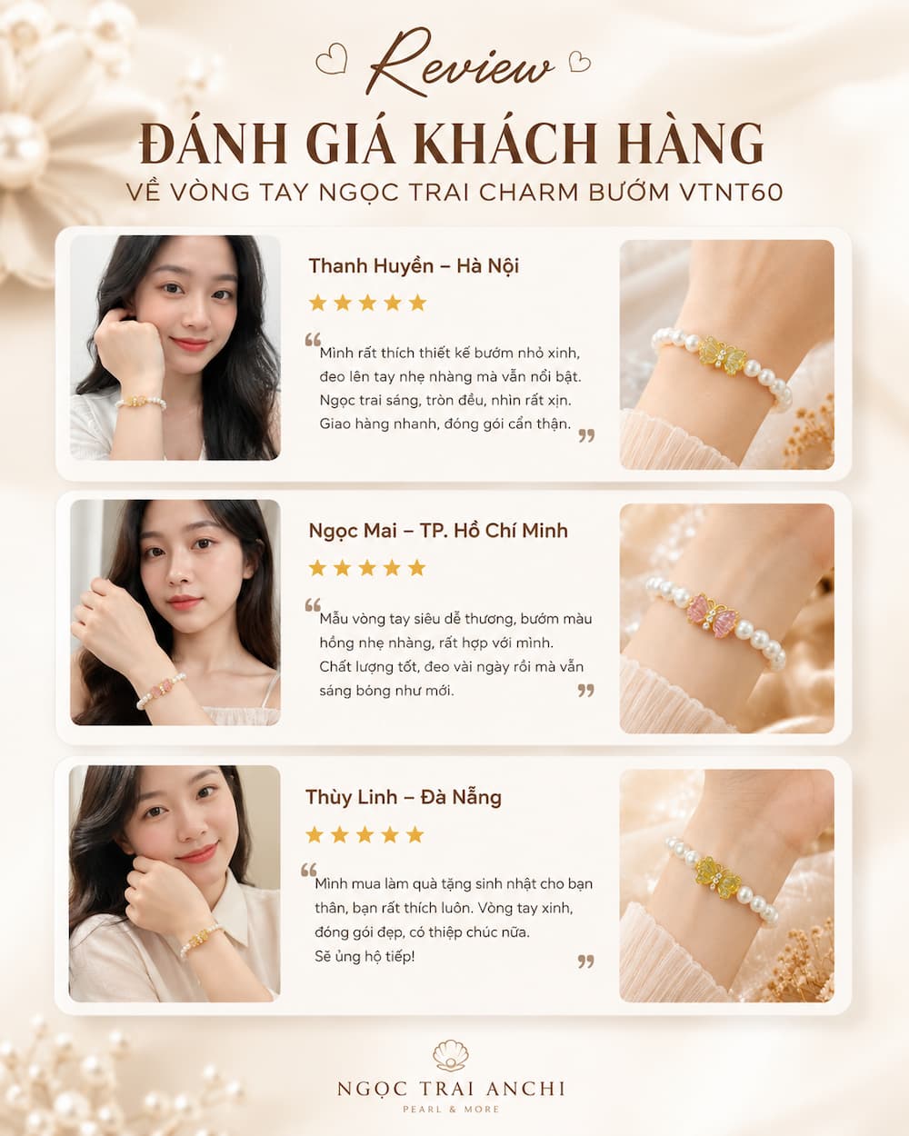 Đánh giá khách hàng về Vòng Tay Ngọc Trai Charm Bướm VTNT60