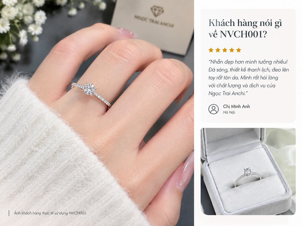 Khách hàng thực tế đeo mẫu 1 - nhẫn cầu hôn vàng trắng 10K Solitaire NVCH001