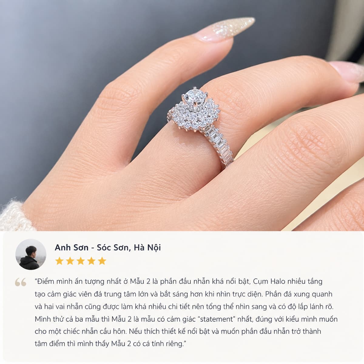 Khách hàng thực tế đeo nhẫn cầu hôn vàng trắng 10K Halo NVCH002 - Mẫu 2