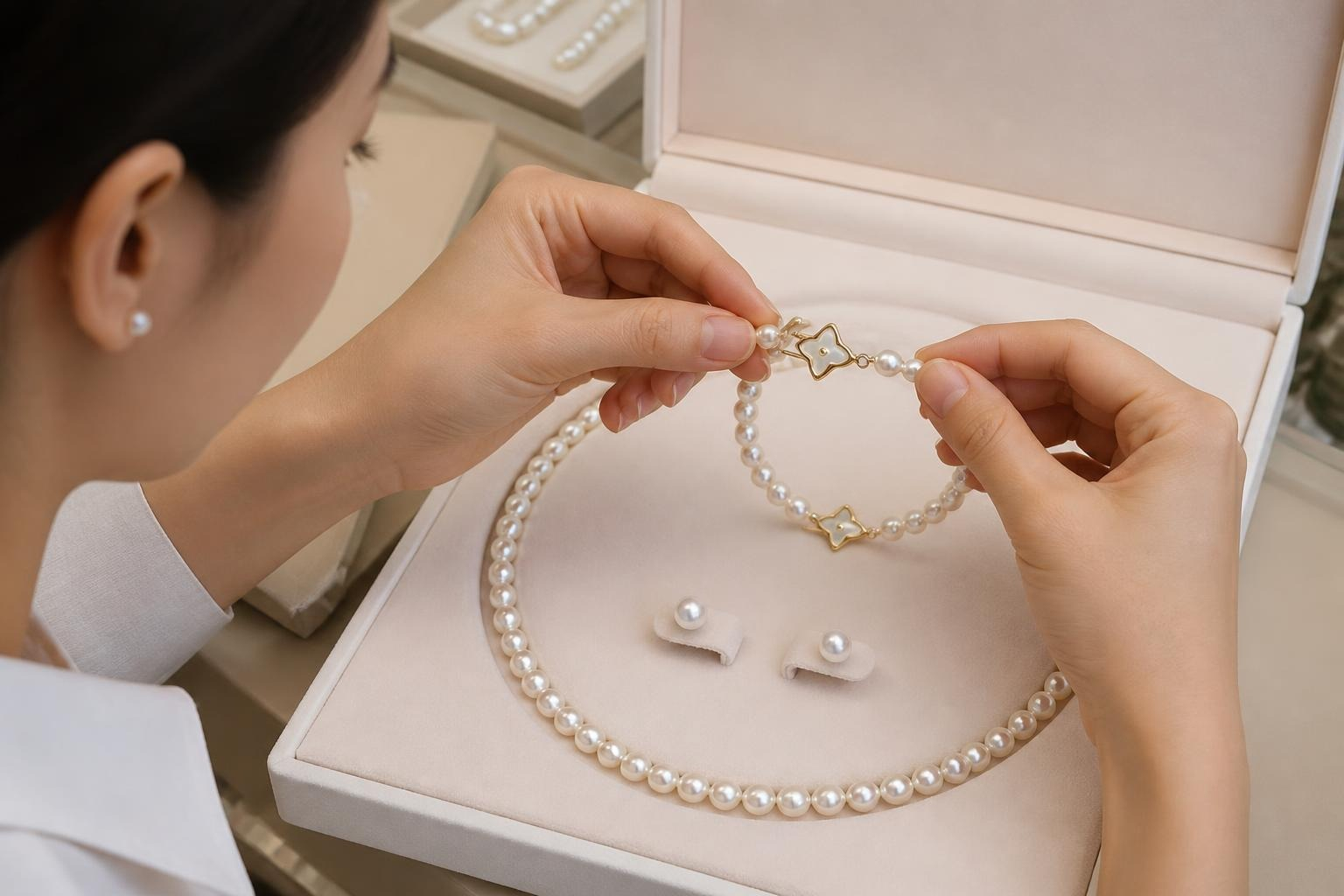 Kiểm tra thực tế bộ trang sức BTSNT262 gồm vòng cổ ngọc trai dáng gạo, vòng tay và đôi bông tai trước khi giao