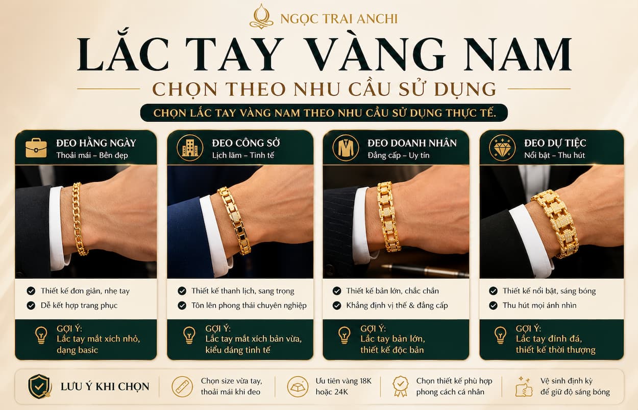 Lắc Tay Vàng Nam lựa chọn theo nhu cầu đeo hằng ngày công sở doanh nhân