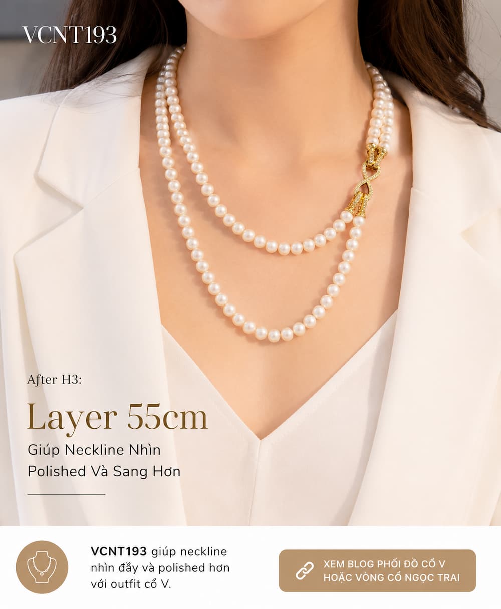 Layer neckline của vòng cổ ngọc trai VCNT193 khi phối áo cổ V và blazer trắng