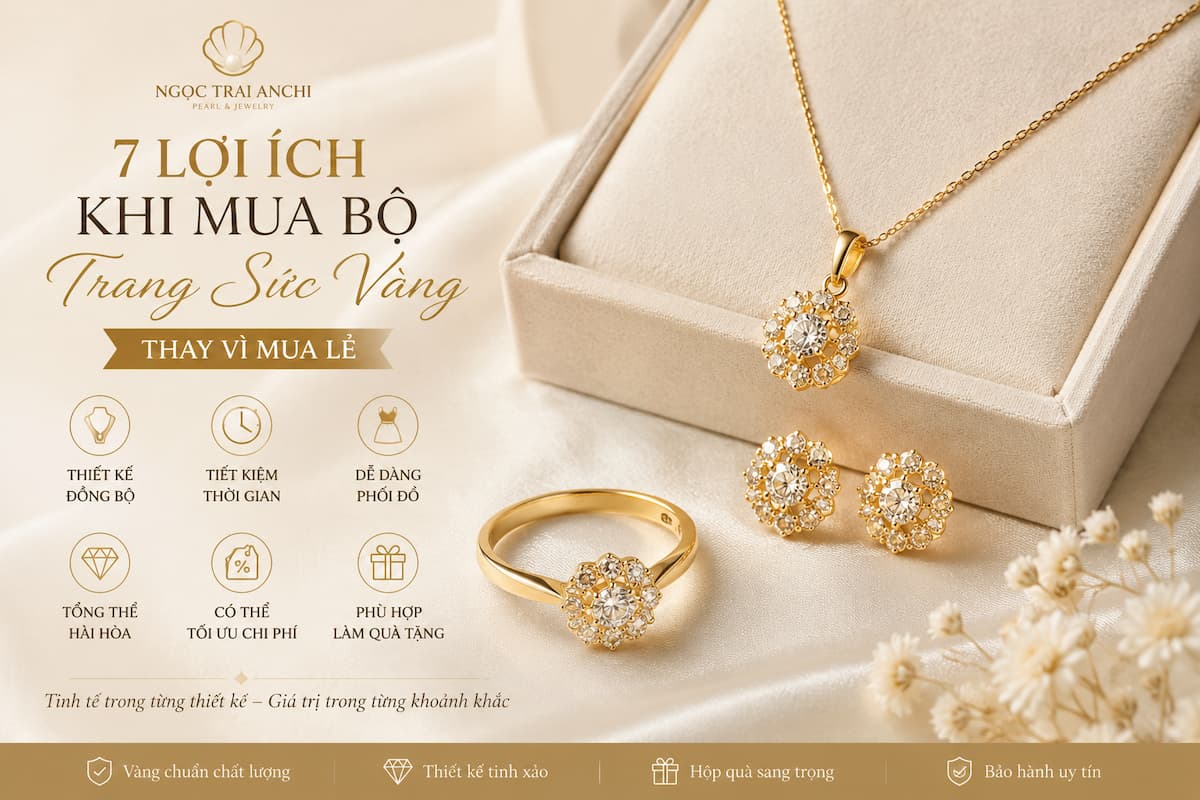 Bộ trang sức vàng đồng bộ gồm dây chuyền bông tai và nhẫn được nhiều người lựa chọn thay vì mua lẻ