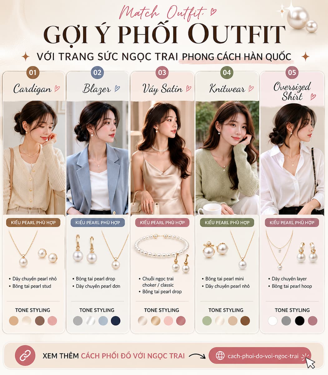 gợi ý phối outfit với trang sức ngọc trai phong cách Hàn Quốc theo từng style hằng ngày