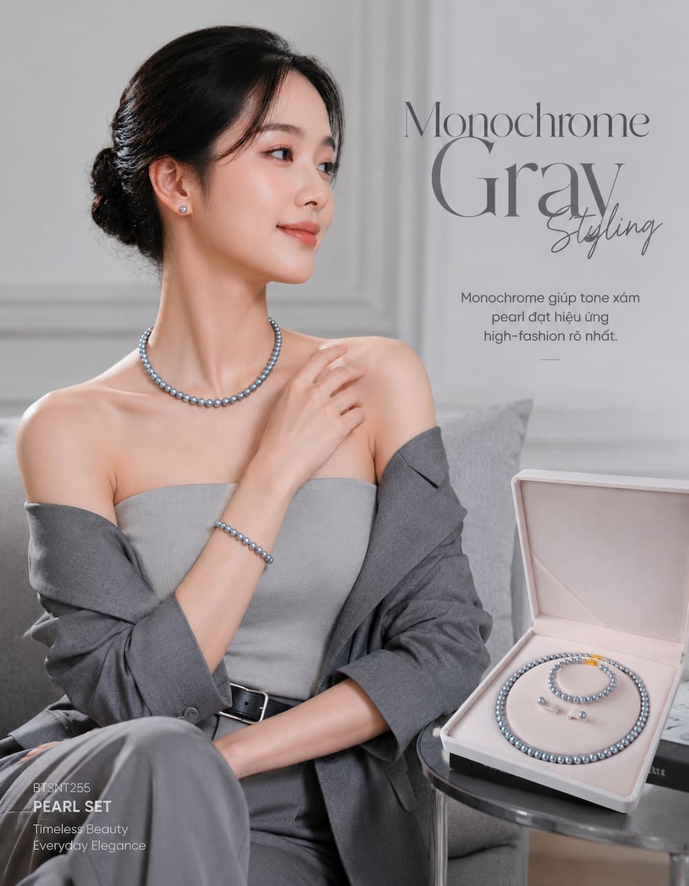 Set ngọc trai BTSNT255 phối outfit monochrome xám phong cách fashion hiện đại