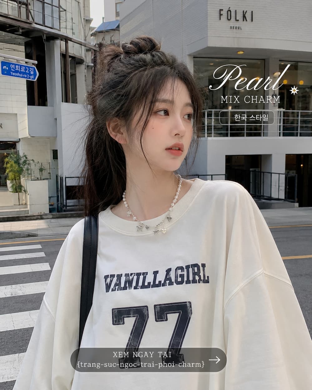 vòng cổ ngọc trai phối charm bạc phong cách Hàn Quốc trẻ trung và hiện đại
