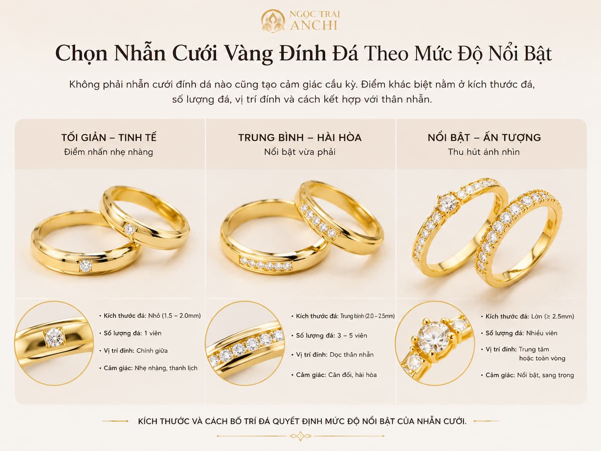 Nhẫn cưới vàng đính đá với điểm nhấn đá tinh tế trên thân nhẫn