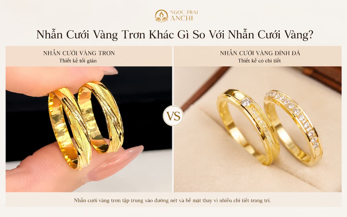 Nhẫn cưới vàng trơn thiết kế tối giản so với nhẫn cưới có chi tiết đính đá