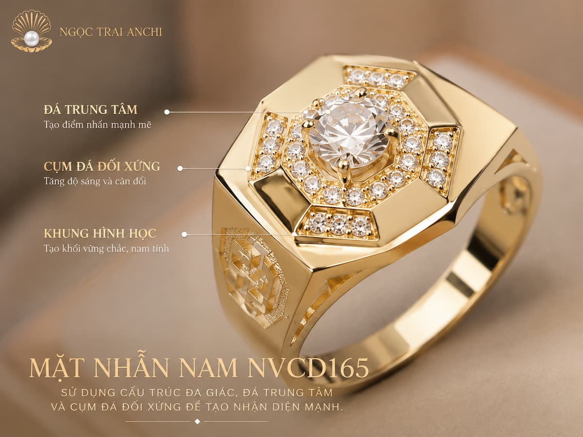 Nhẫn nam NVCD165 mặt hình học đa giác với đá trung tâm và cụm đá đối xứng