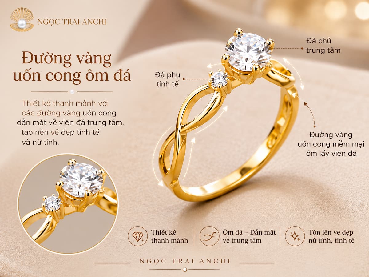 Nhẫn nữ NVCD165 thanh mảnh với đường vàng uốn cong ôm đá trung tâm