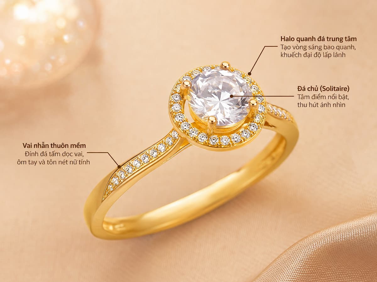 Cấu trúc nhẫn nữ NVCD167 Solitaire Halo với đá trung tâm, quầng đá và vai nhẫn thuôn