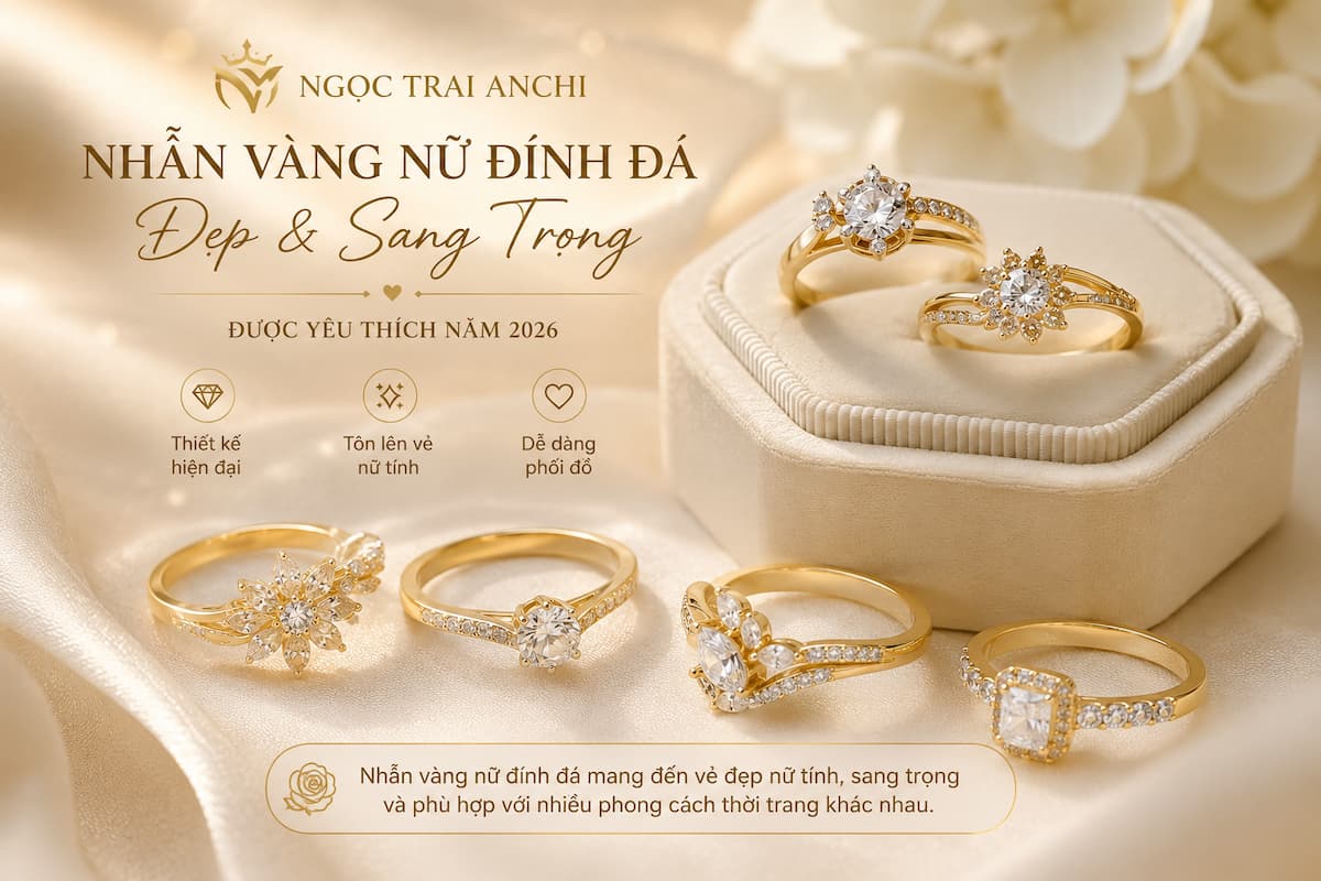 Nhẫn vàng nữ đính đá đẹp sang trọng được yêu thích năm 2026
