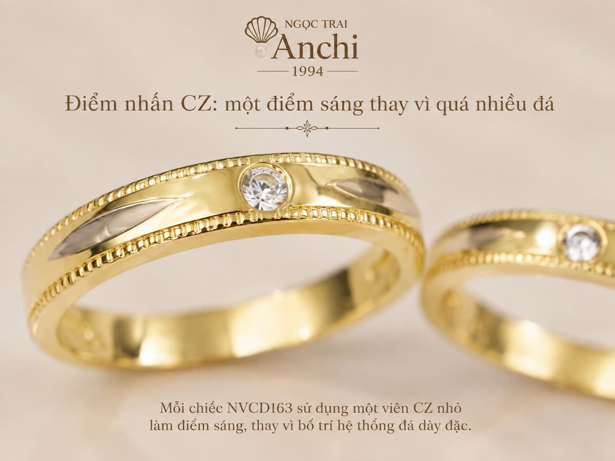 Nhẫn Cưới Vàng Tây 10K NVCD163 với một viên đá CZ nhỏ trên thân vàng