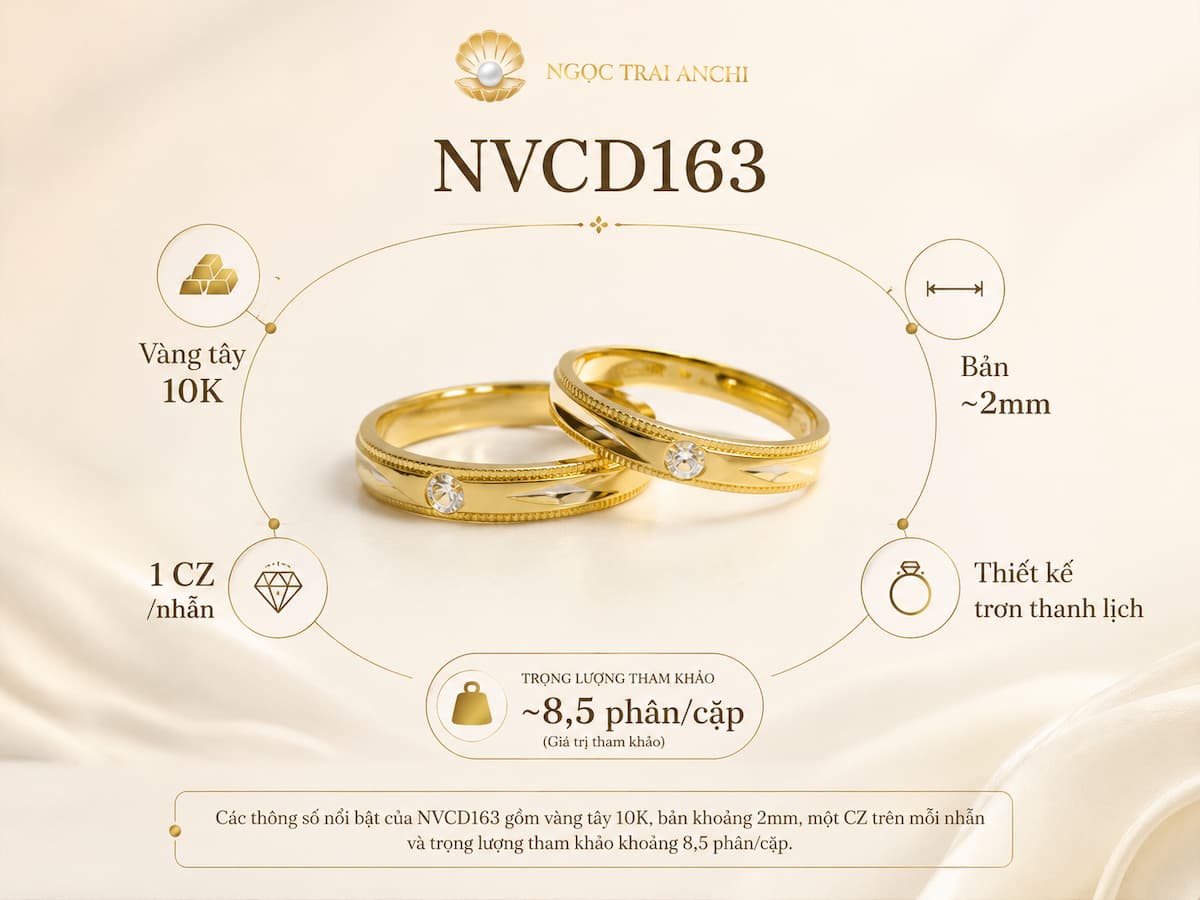 Thông số Nhẫn Cưới Vàng Tây 10K NVCD163 bản 2mm đính CZ trọng lượng 8,5 phân