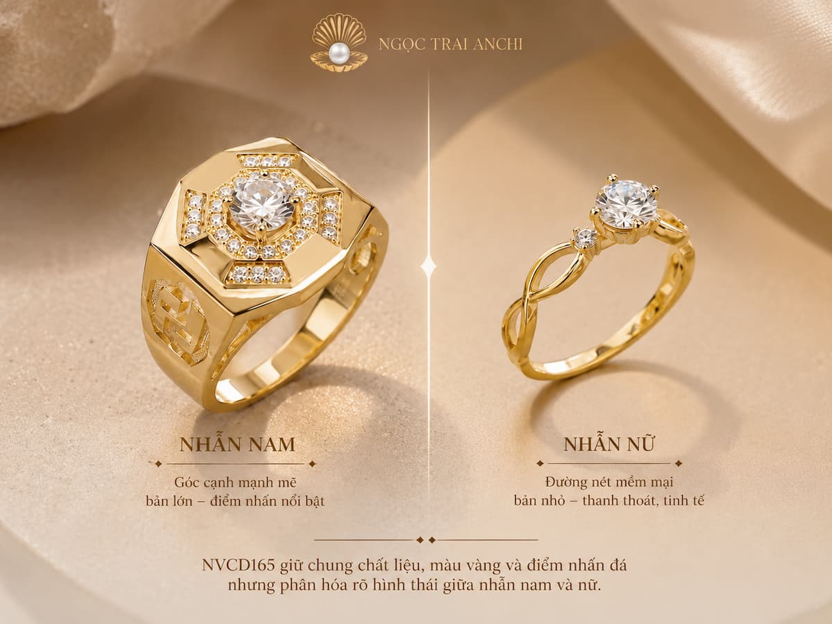 Thiết kế cặp nhẫn cưới NVCD165 đồng điệu về vàng và đá nhưng phân hóa hình thái nam nữ