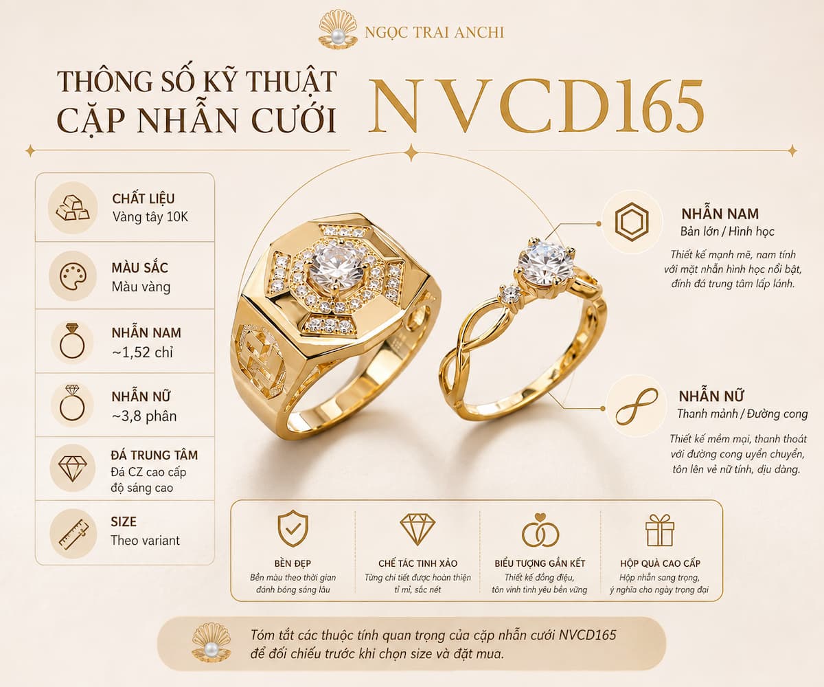 Infographic thông số cặp nhẫn cưới vàng tây 10K NVCD165 với trọng lượng và thiết kế nam nữ