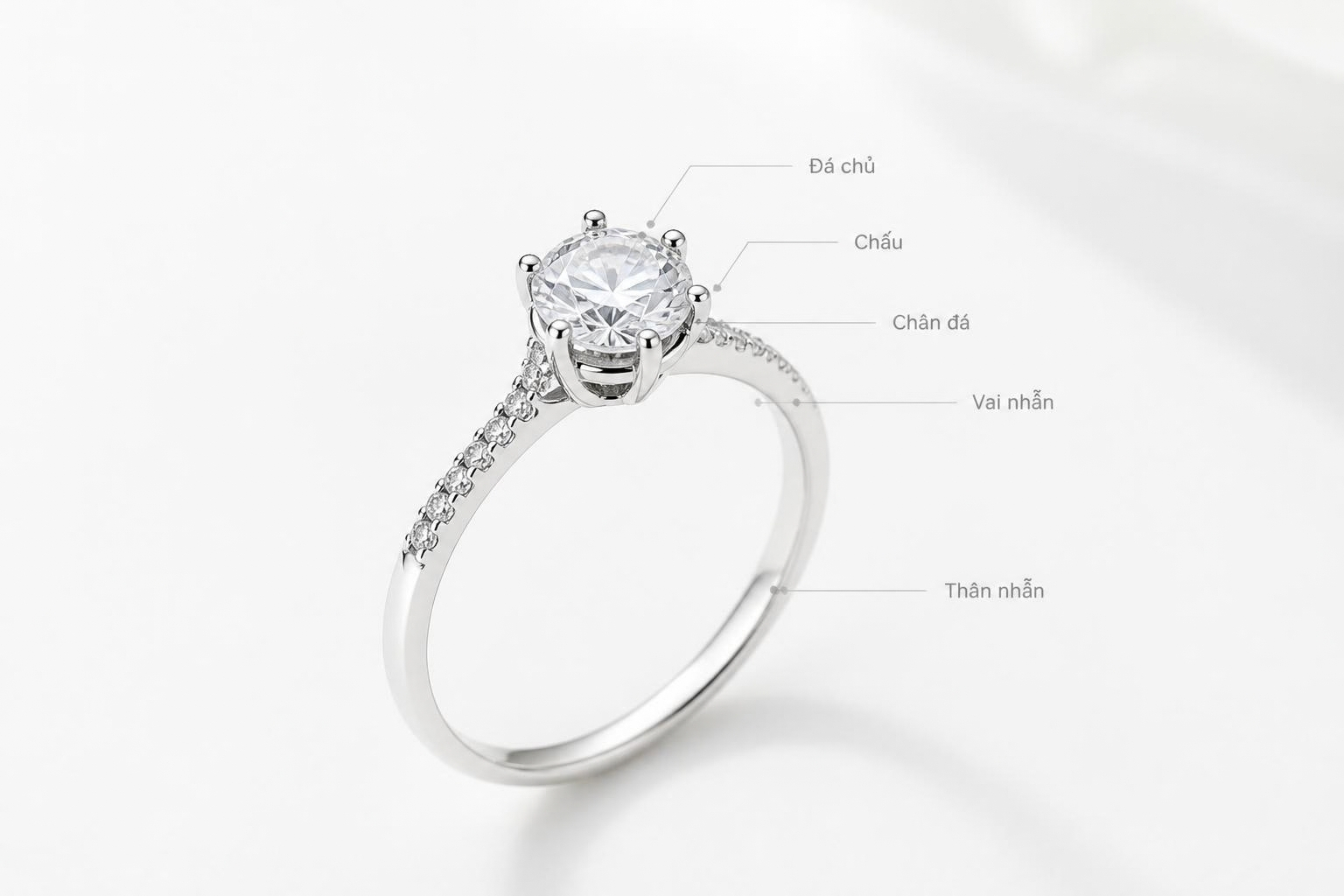NVCH001 thể hiện cấu trúc Solitaire với đá chủ tròn ở trung tâm và thân nhẫn thanh mảnh