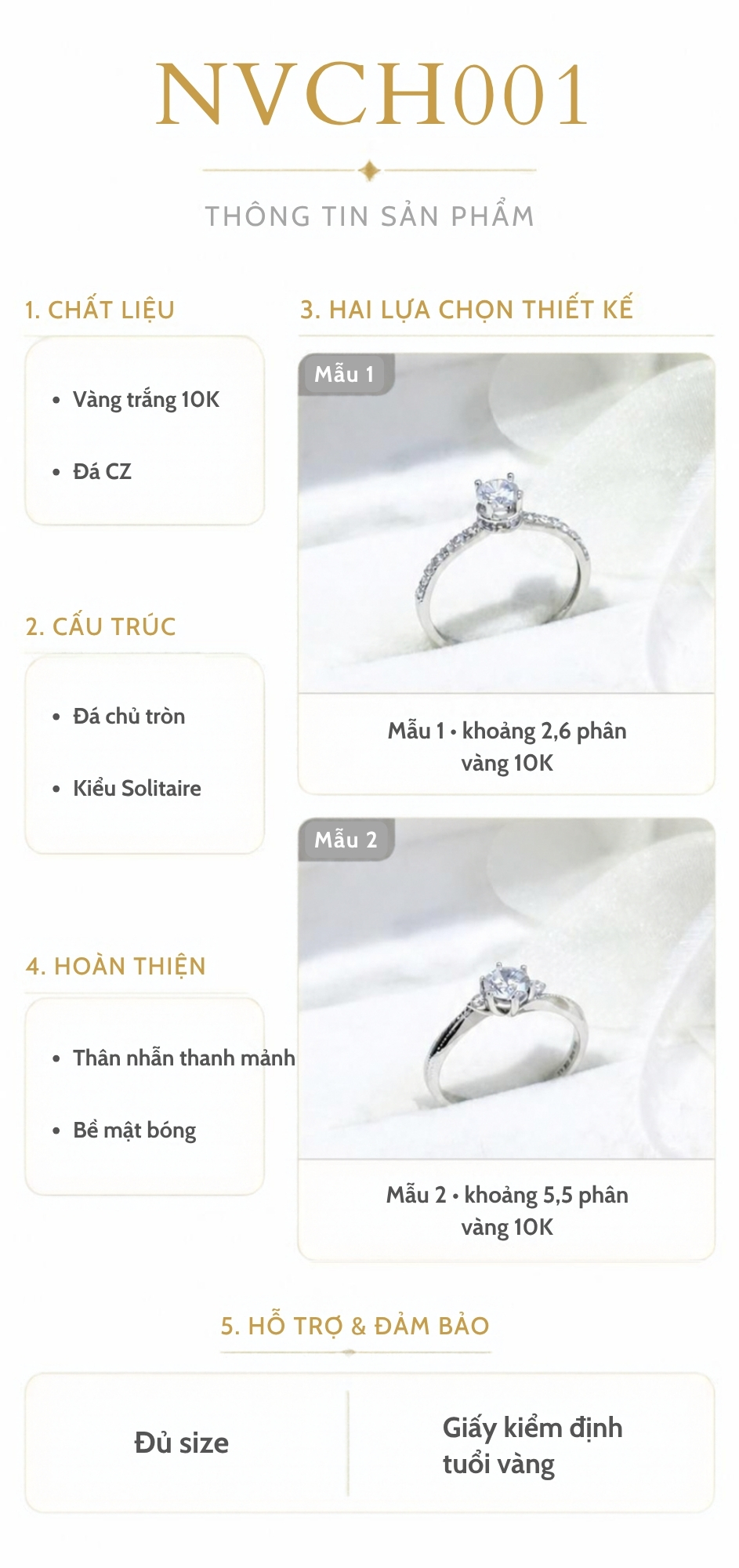 Infographic thông số Nhẫn Cầu Hôn Vàng Trắng 10K Solitaire NVCH001 gồm vàng trắng 10K, đá CZ tròn, hai mẫu thiết kế và trọng lượng khác nhau