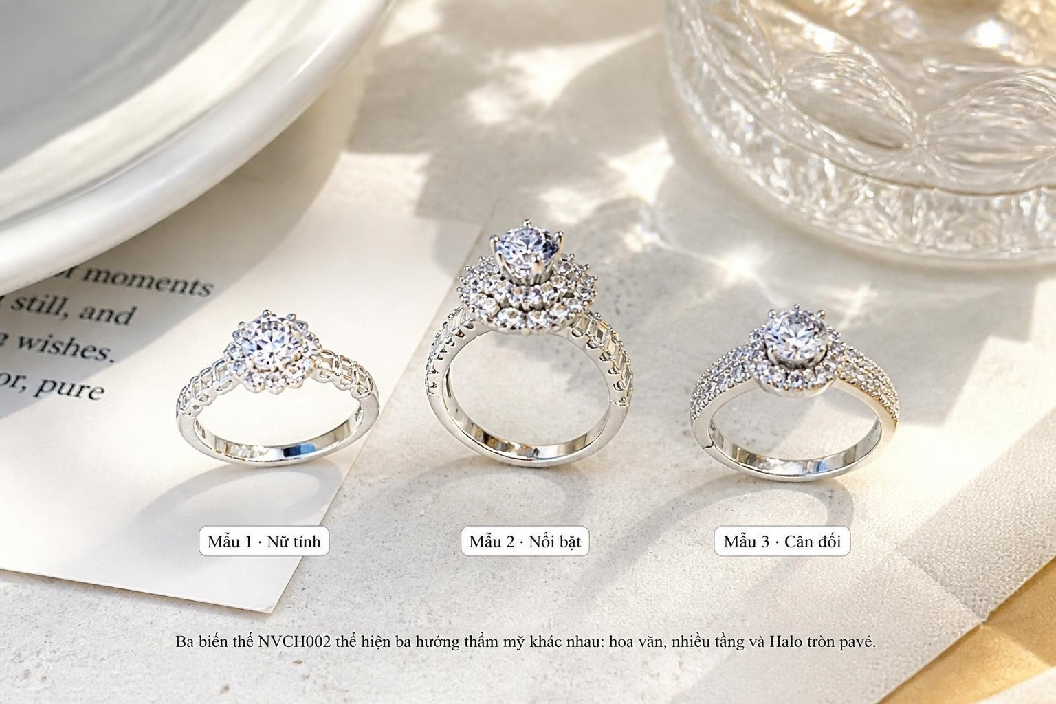NVCH002 với ba hướng thiết kế Halo phù hợp các phong cách nữ tính, nổi bật và thanh lịch
