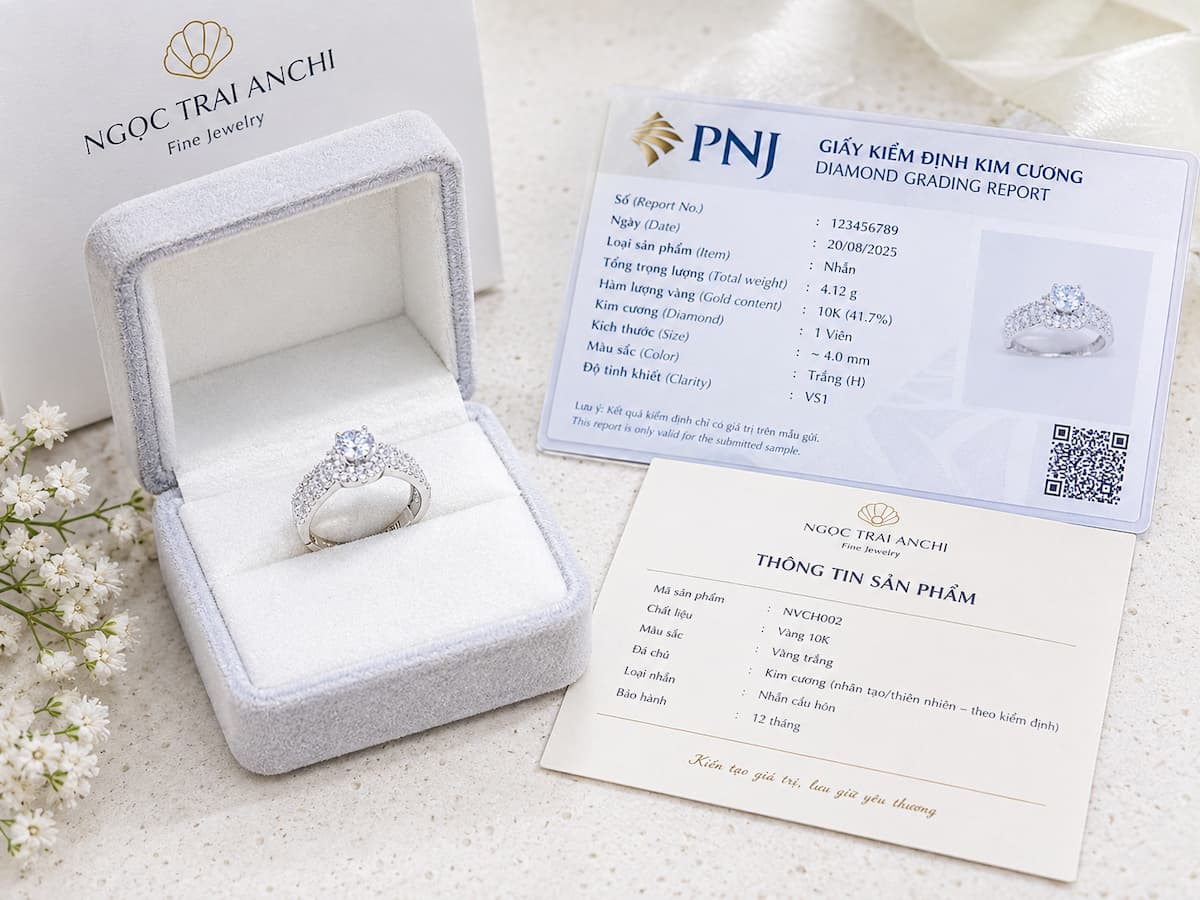 NVCH002 cùng giấy kiểm định tuổi vàng và thông tin sản phẩm được cung cấp khi mua hàng