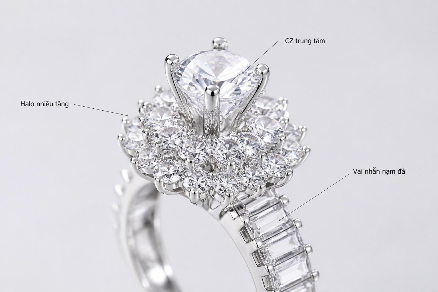 NVCH002 Mẫu 2 với Halo đài hoa nhiều tầng, đầu nhẫn cao và các viên CZ ở vai nhẫn