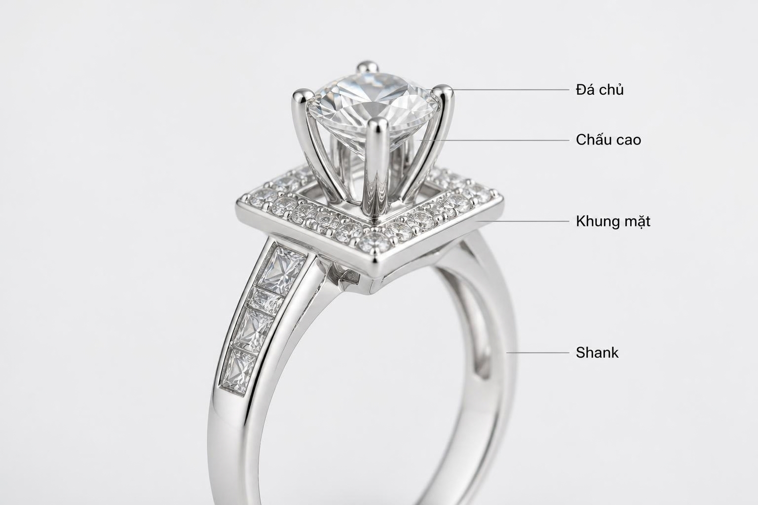 Cấu trúc đầu nhẫn NVCH003 với đá CZ tròn, chấu dựng cao và khung mặt hình học