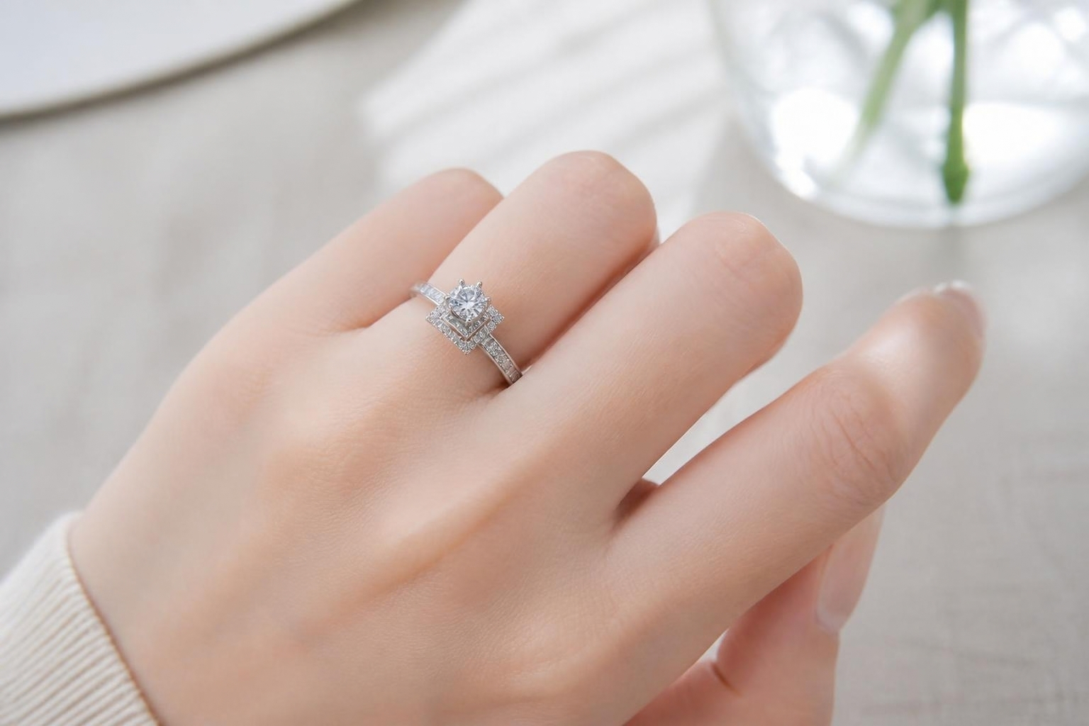 Nhẫn cầu hôn vàng trắng 10K Solitaire NVCH003 đeo thực tế trên tay với đầu nhẫn nổi bật