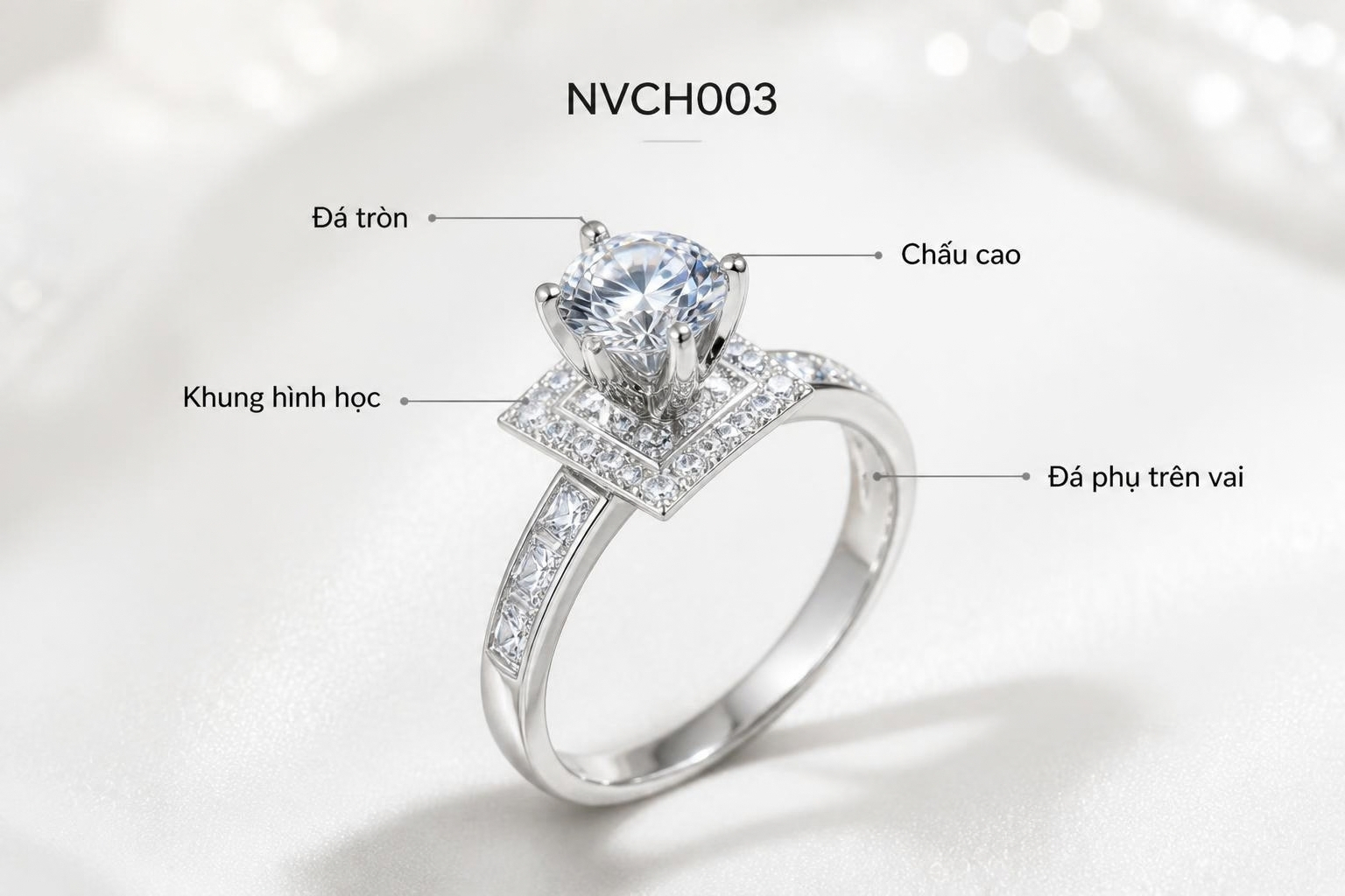 Feature graphic nhẫn cầu hôn NVCH003 thể hiện Solitaire đá tròn, khung hình học và đá phụ trên vai
