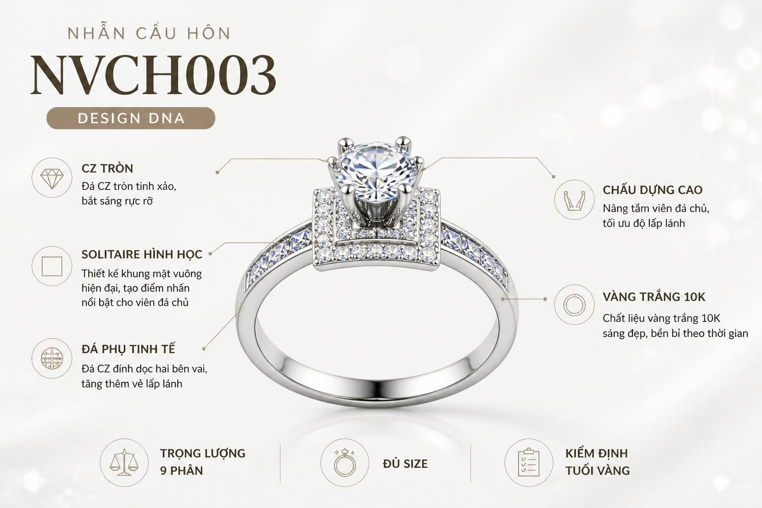 Infographic thông số nhẫn cầu hôn vàng trắng 10K Solitaire NVCH003 gồm CZ tròn, khung hình học, trọng lượng 9 phân và đủ size