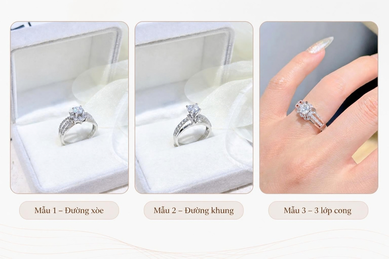Ba biến thể nhẫn cầu hôn NVCH005 gồm thân nhánh xòe, nhánh dạng khung và ba nhánh cong xếp lớp